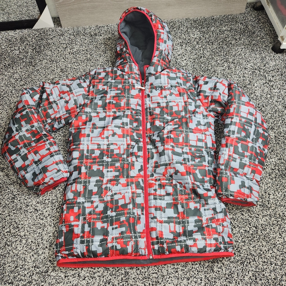 Columbia Red &‎ Grey Reversible Full Zip Winter Puffer Hoodie Jacket Childs XL
